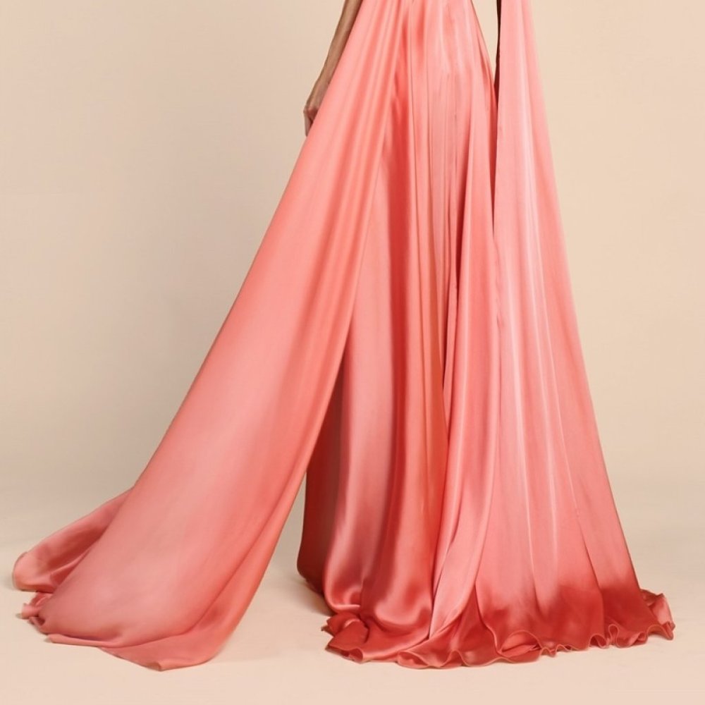 CORAL NEW  V-Neck A-Line Shape Satin Prom Dress CDA0065 - Picture 4 of 5